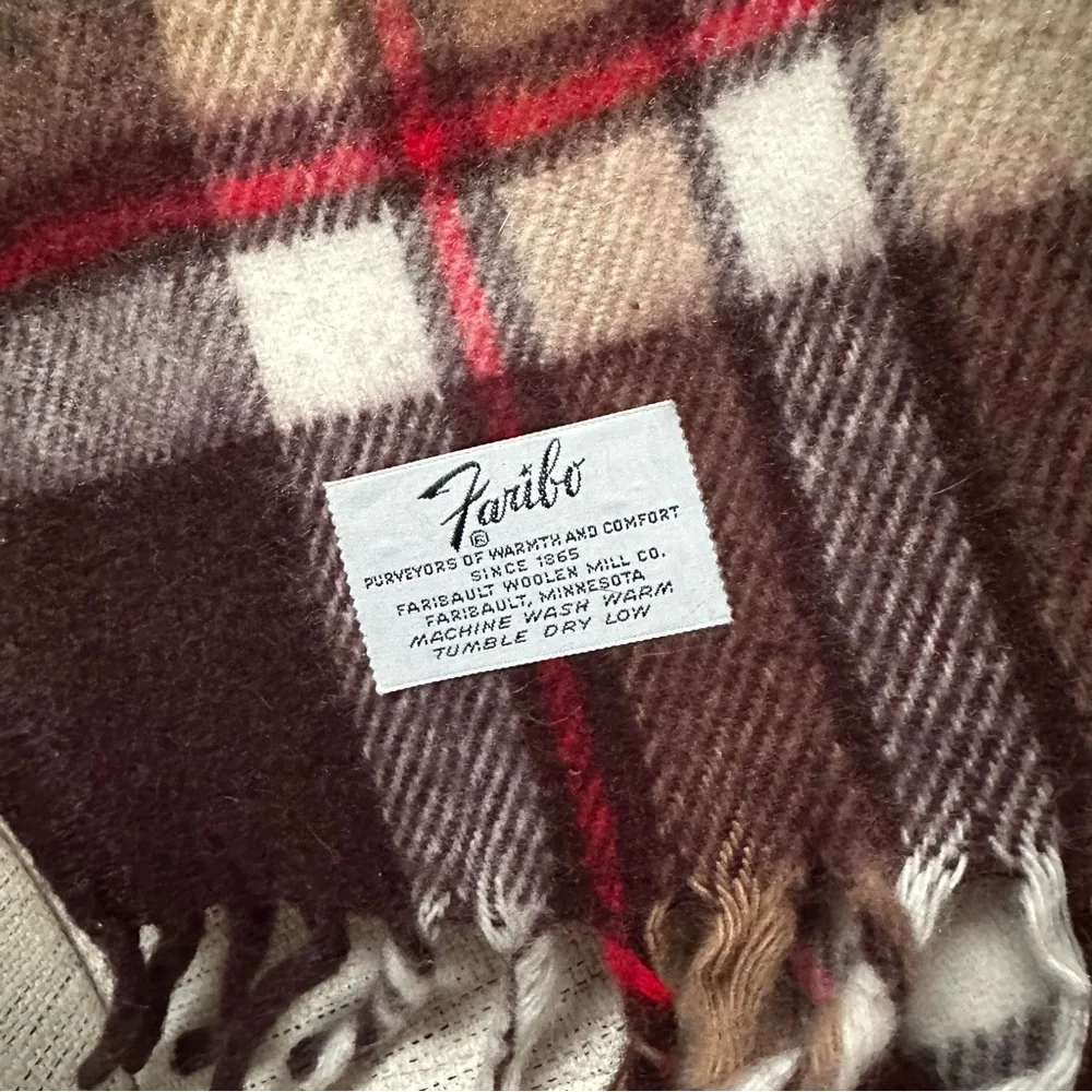 Vintage Faribo Faribault Woolen Mill Plaid Wool Throw Blanket 56x50 Plaid Brown